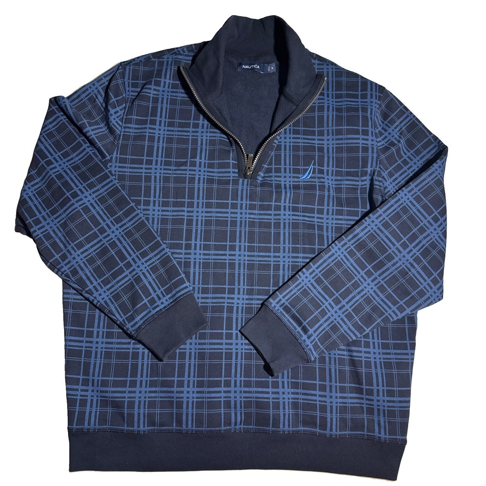 Nautica 1/4 Zip Pullover Sweater Mens XL Blue Plaid Embroidered